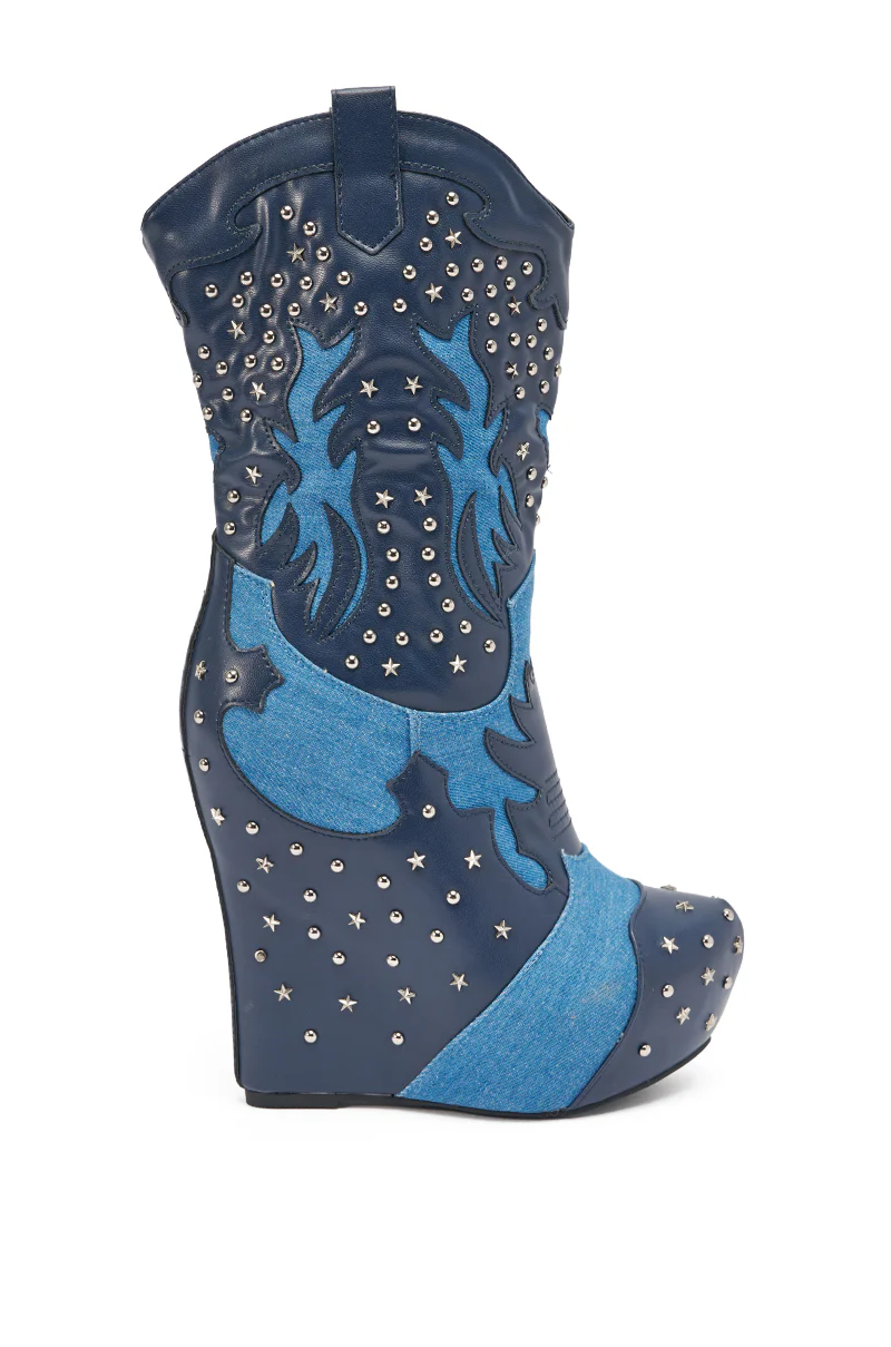 AZALEA WANG CALLIA DENIM WESTERN WEDGE BOOTIE - Image 3