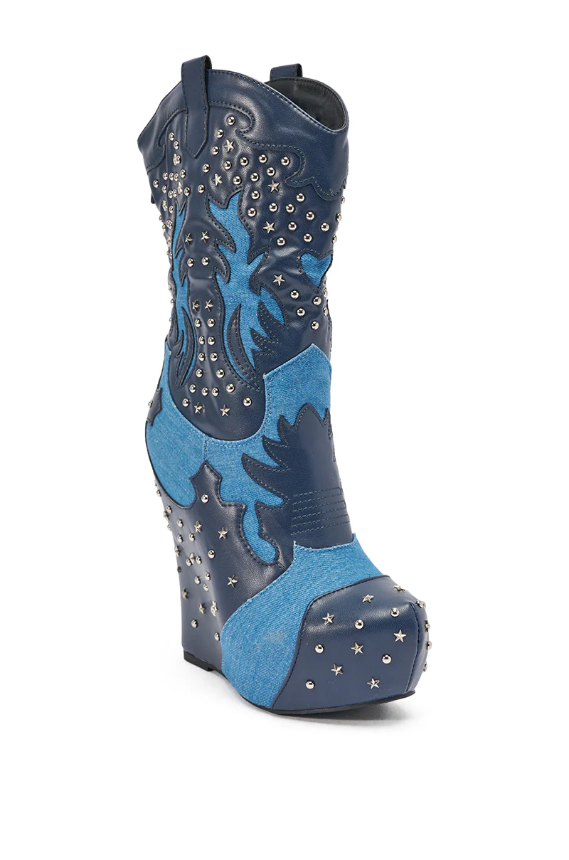 AZALEA WANG CALLIA DENIM WESTERN WEDGE BOOTIE - Image 4