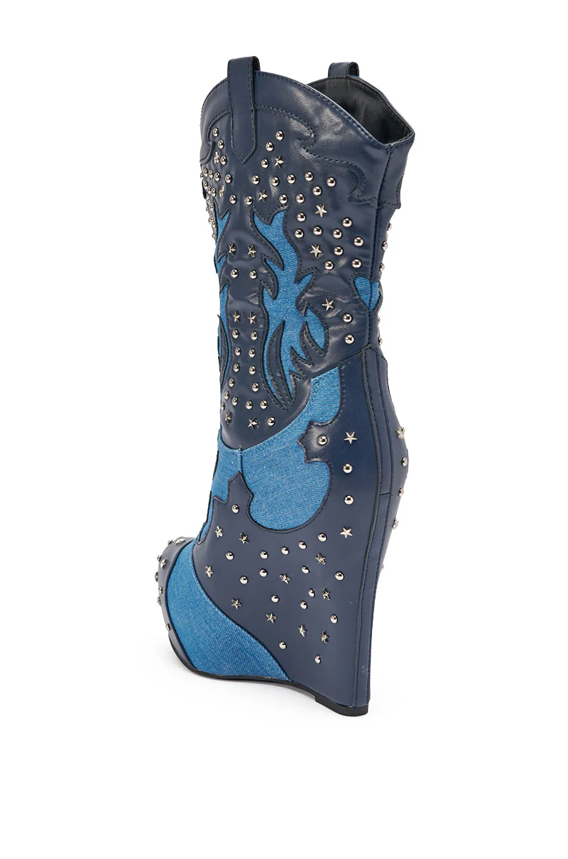 AZALEA WANG CALLIA DENIM WESTERN WEDGE BOOTIE - Image 5