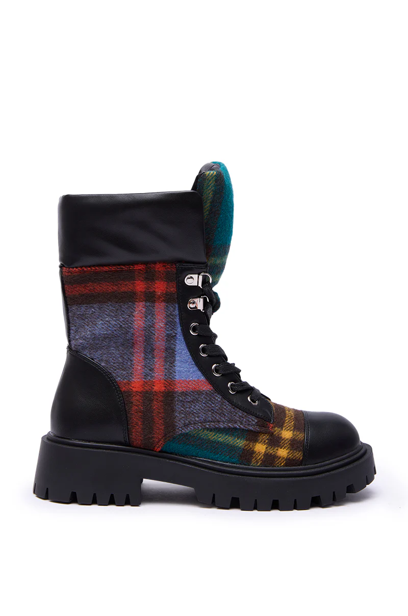 AZALEA WANG CALIBAN BLACK MULTI PLAID COMBAT BOOTIE - Image 4