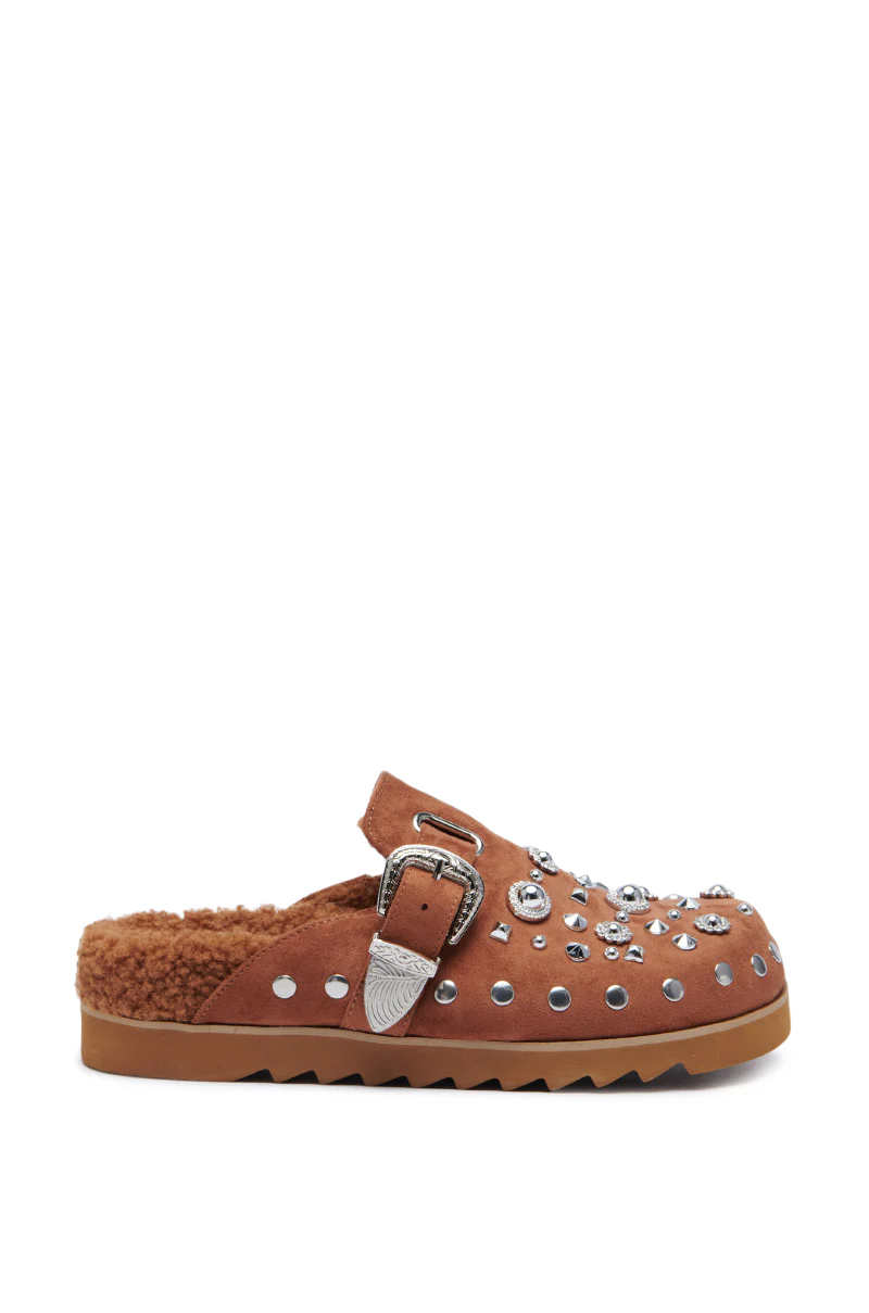AZALEA WANG CHATTER BROWN FUR AND HARDWARE EMBELLISHED CLOG - Image 2