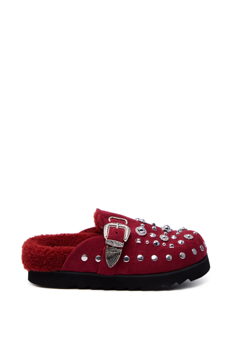 AZALEA WANG CHATTER BURGUNDY FUR SLIP ON CLOG - Image 5