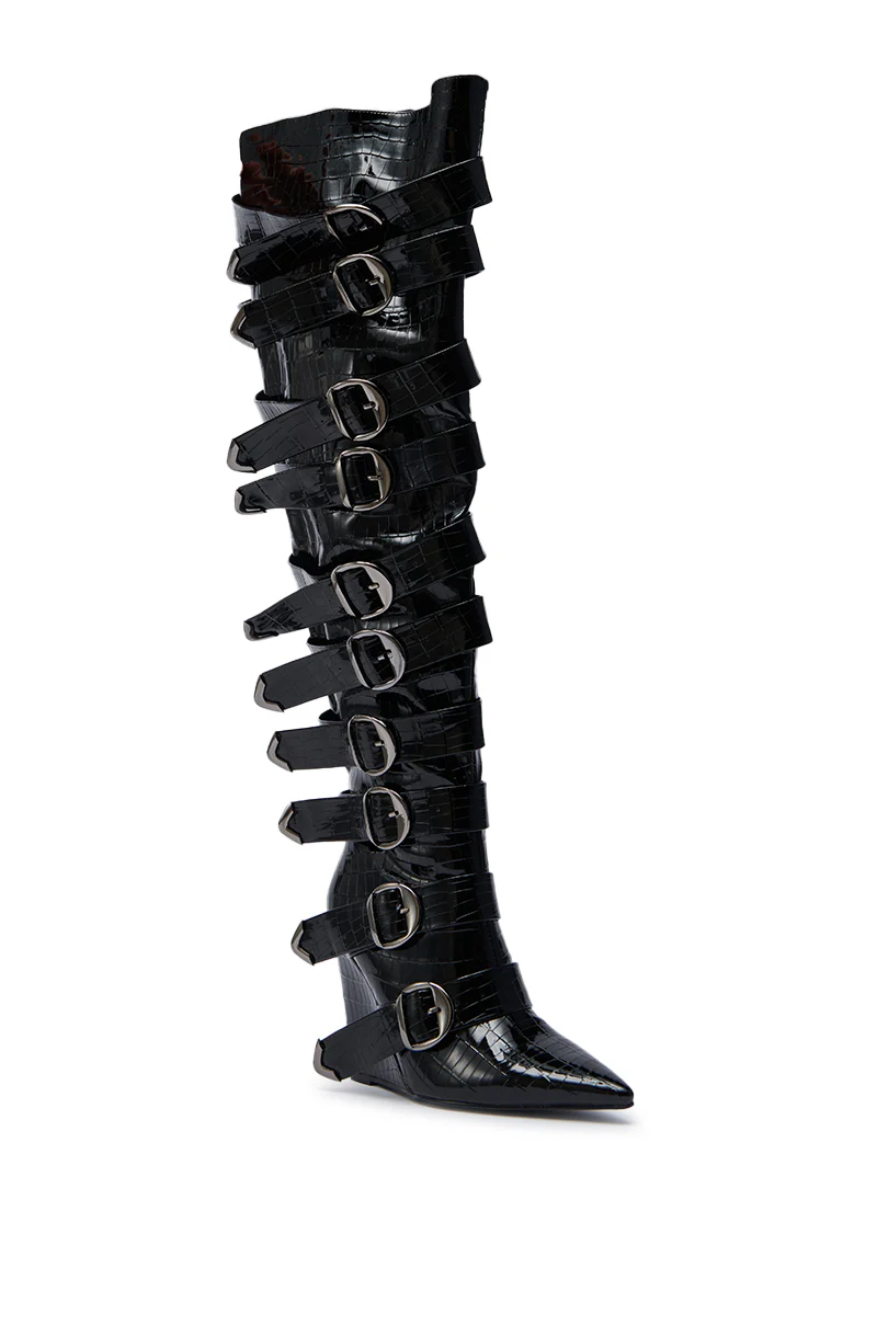AZALEA WANG CINZIA BLACK CROC BUCKLE WEDGE BOOT - Image 6