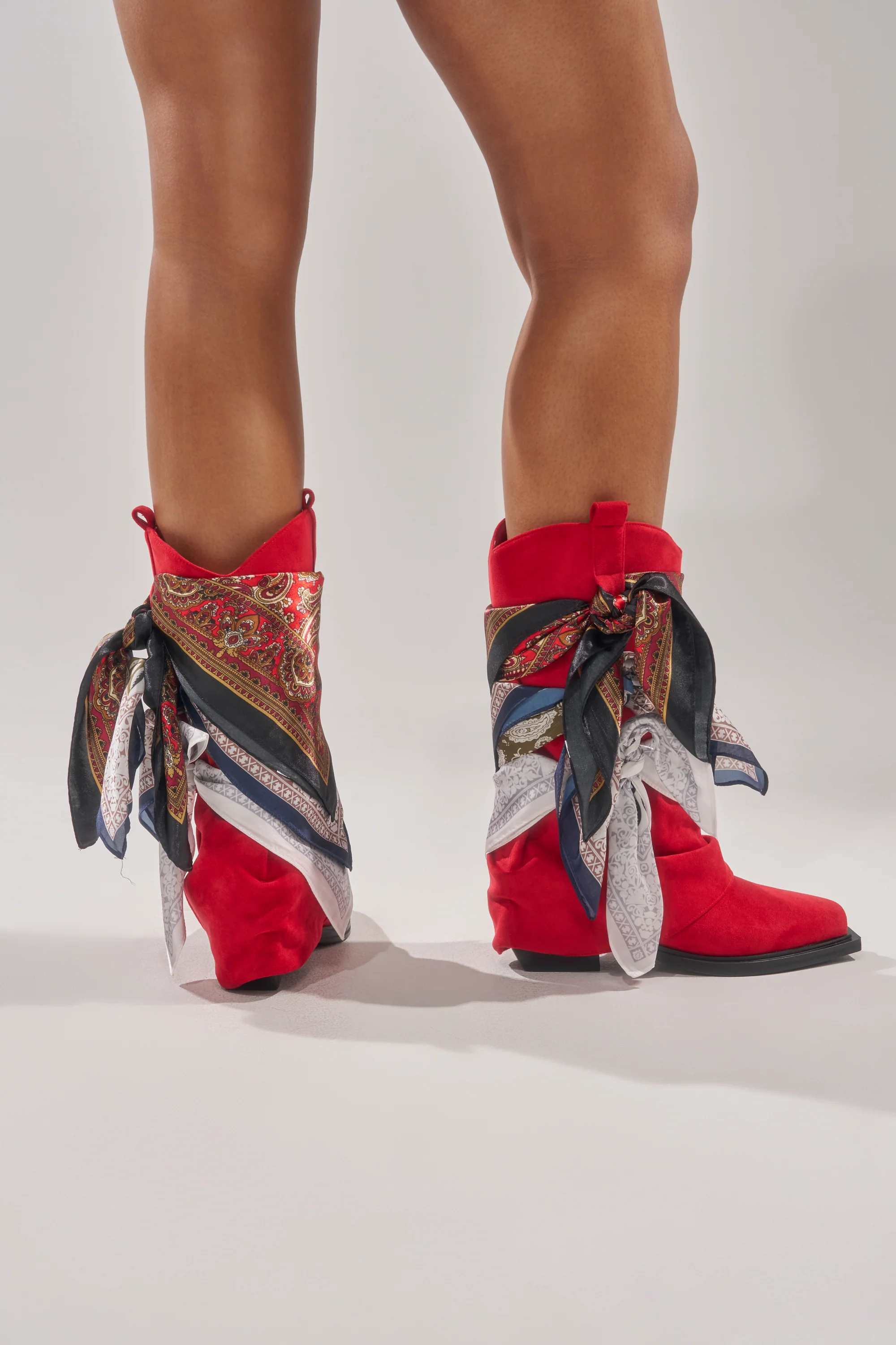 AZALEA WANG COBALT RED FAUX SUEDE SCARF EMBELLISHED WESTERN BOOTIE - Image 4