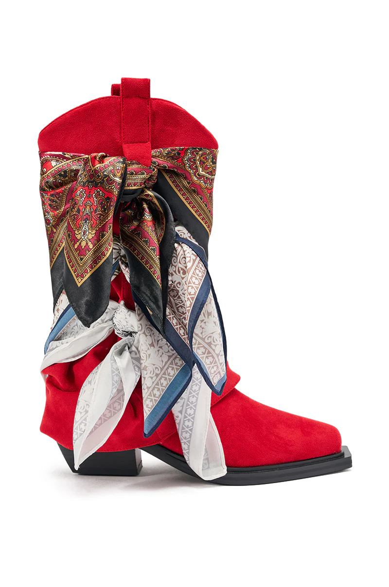 AZALEA WANG COBALT RED FAUX SUEDE SCARF EMBELLISHED WESTERN BOOTIE - Image 5