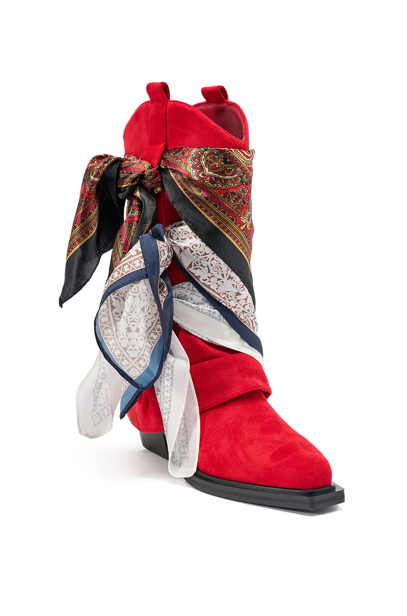 AZALEA WANG COBALT RED FAUX SUEDE SCARF EMBELLISHED WESTERN BOOTIE - Image 6
