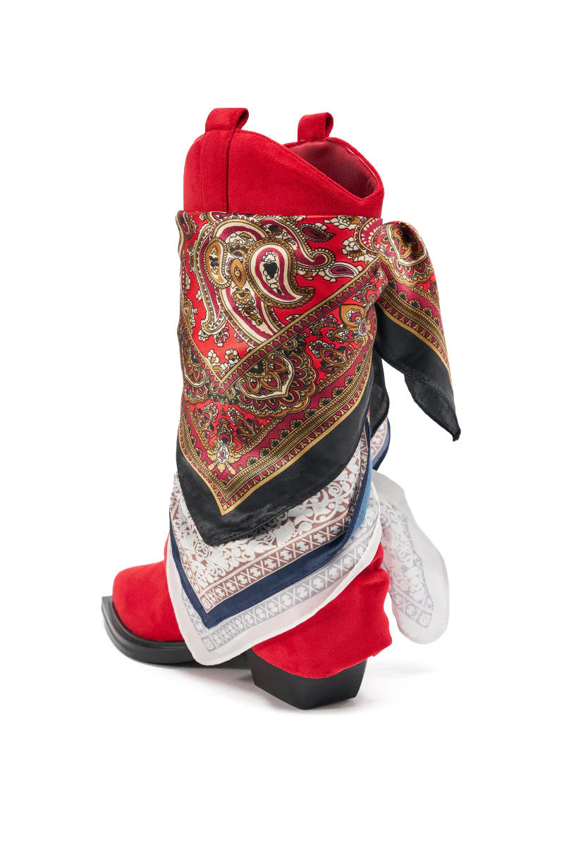 AZALEA WANG COBALT RED FAUX SUEDE SCARF EMBELLISHED WESTERN BOOTIE - Image 7