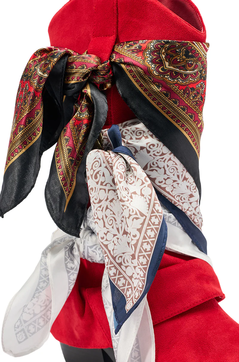 AZALEA WANG COBALT RED FAUX SUEDE SCARF EMBELLISHED WESTERN BOOTIE - Image 8