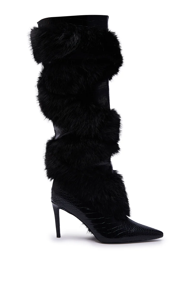 AZALEA WANG CONRADDE BLACK MIXED MATERIAL FUR AND SNAKE STILETTO BOOT - Image 7
