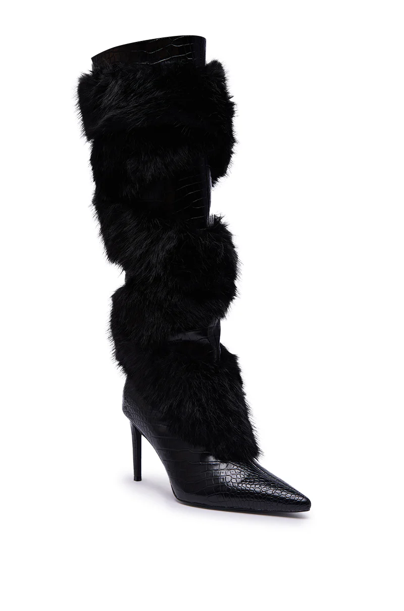 AZALEA WANG CONRADDE BLACK MIXED MATERIAL FUR AND SNAKE STILETTO BOOT - Image 8