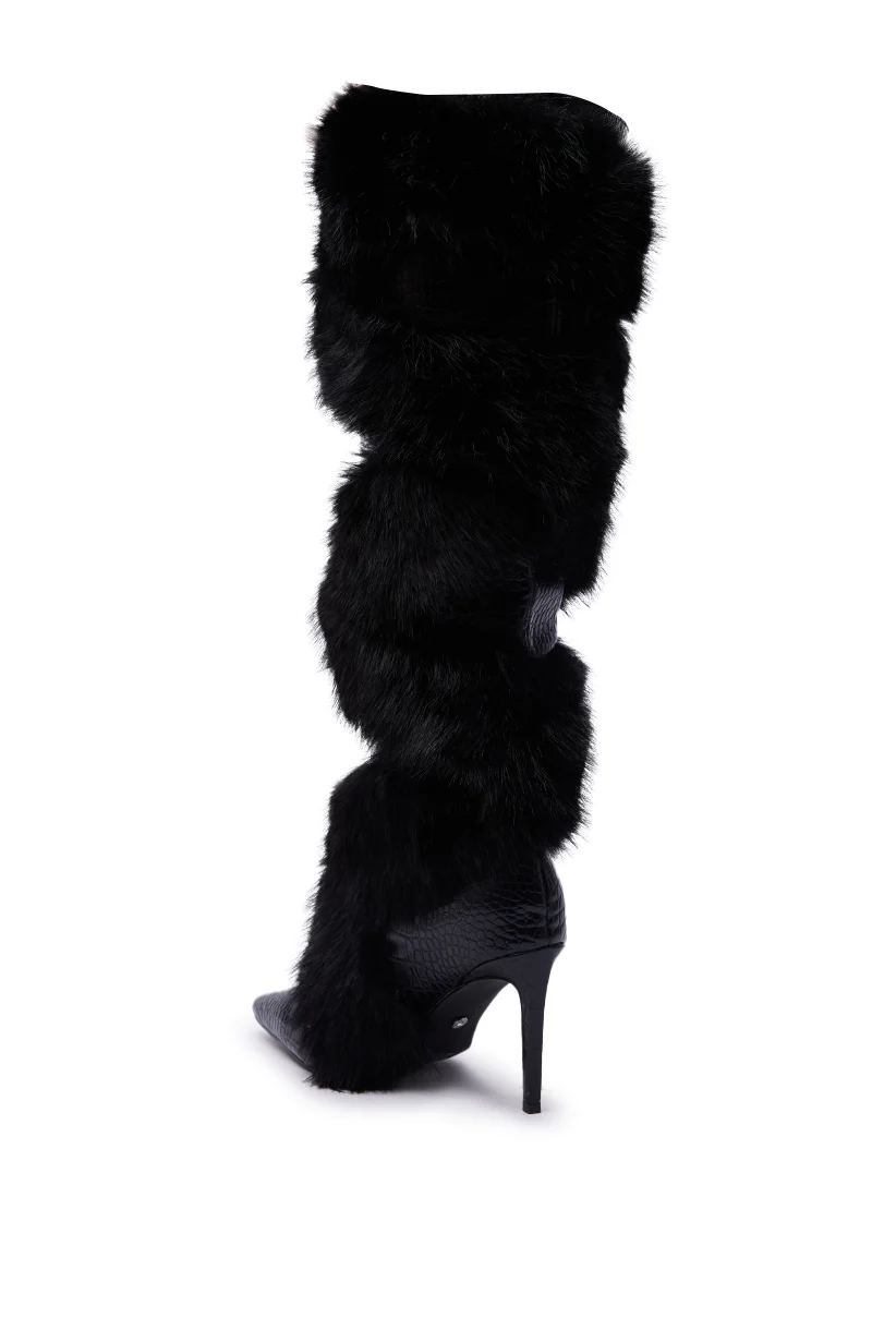 AZALEA WANG CONRADDE BLACK MIXED MATERIAL FUR AND SNAKE STILETTO BOOT - Image 9