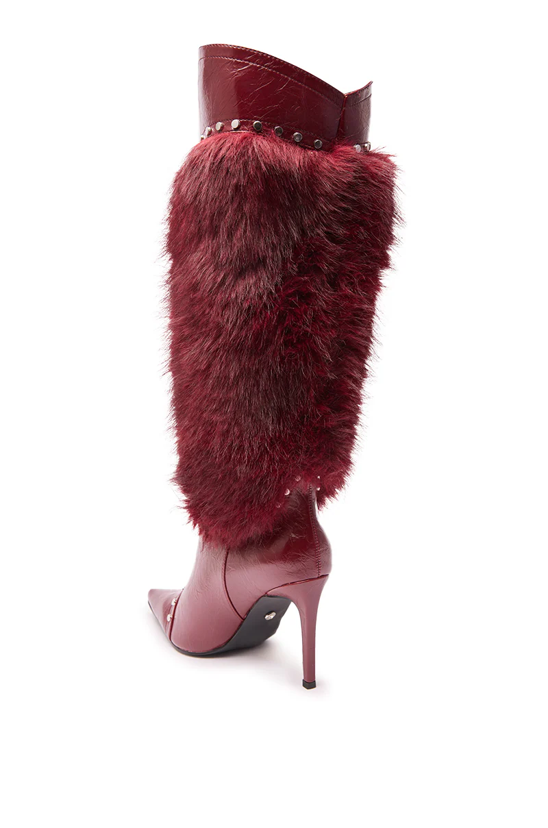 AZALEA WANG ALISETTE BURGUNDY MIXED MATERIAL FUR AND SNAKE STILETTO BOOT - Image 6
