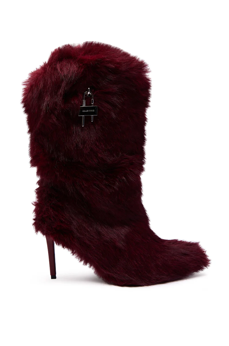 AZALEA WANG DAMME RED FUR BOOTIE WITH LOCK DETAIL - Image 4