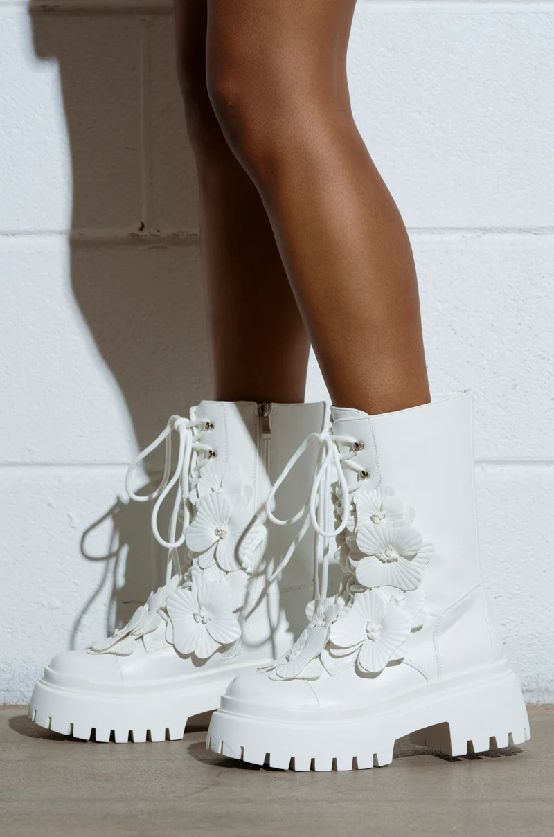 AZALEA WANG DEVOIR WHITE FLOWER EMBELLISHED COMBAT BOOTIE - Image 2