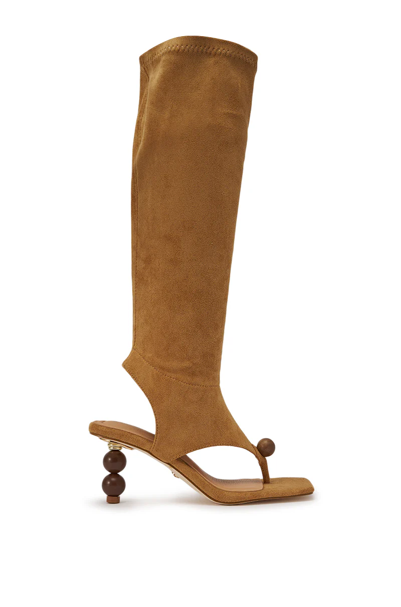 AZALEA WANG DOTTIE TAN STRETCH FAUX SUEDE BOOT WITH EMBELLISHED HEEL AND TOE HARDWARE - Image 4