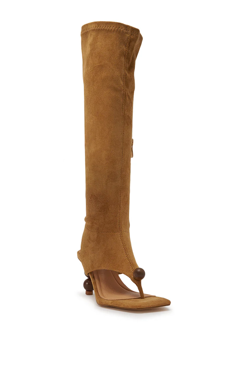 AZALEA WANG DOTTIE TAN STRETCH FAUX SUEDE BOOT WITH EMBELLISHED HEEL AND TOE HARDWARE - Image 5