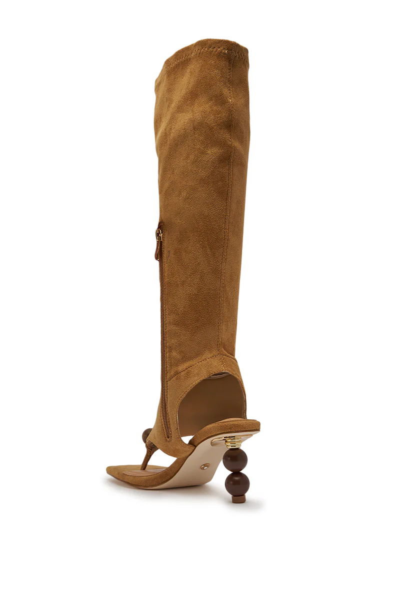 AZALEA WANG DOTTIE TAN STRETCH FAUX SUEDE BOOT WITH EMBELLISHED HEEL AND TOE HARDWARE - Image 6