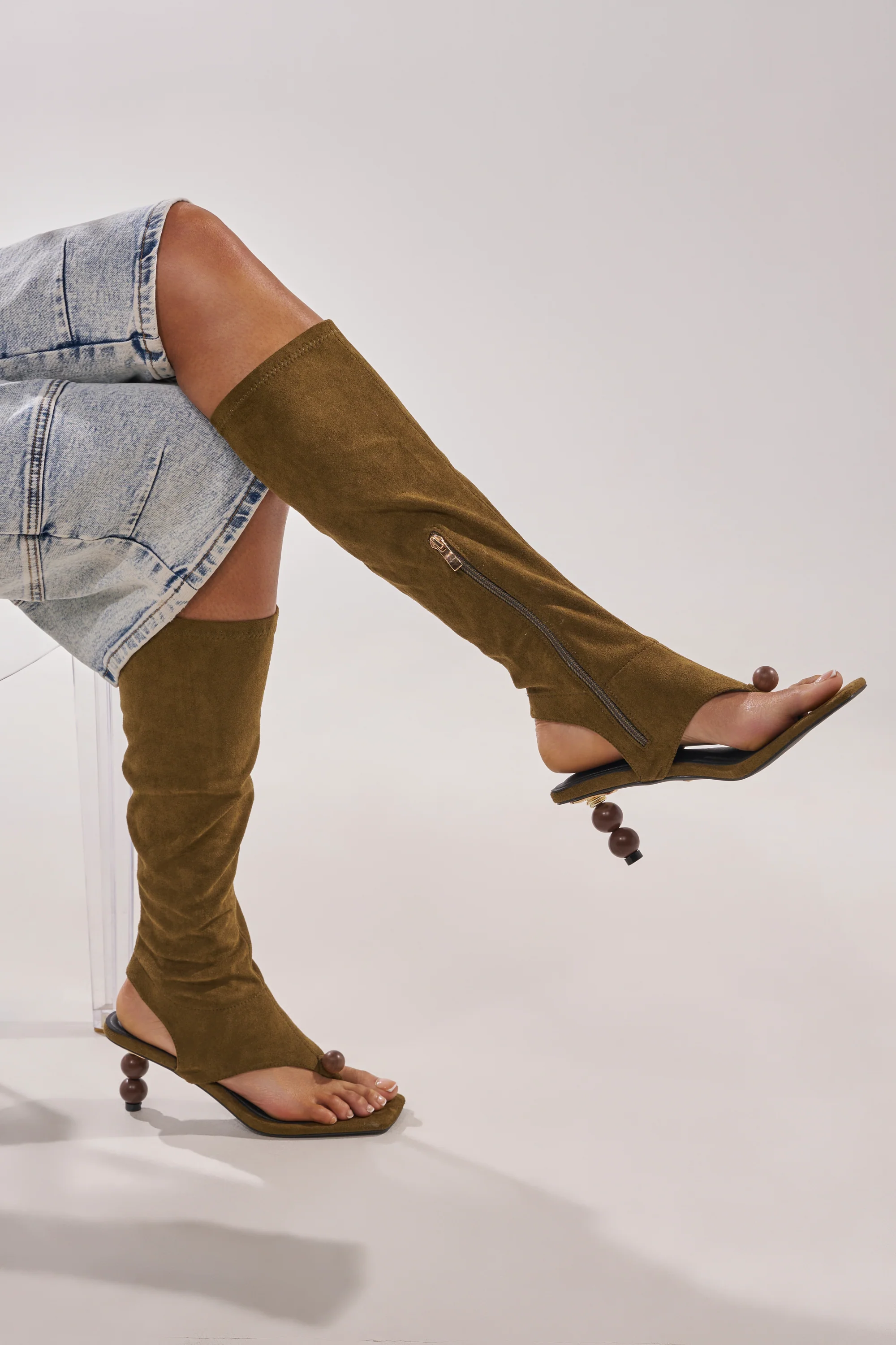 AZALEA WANG DOTTIE OLIVE STRETCH FAUX SUEDE BOOT WITH EMBELLISHED HEEL AND TOE HARDWARE
