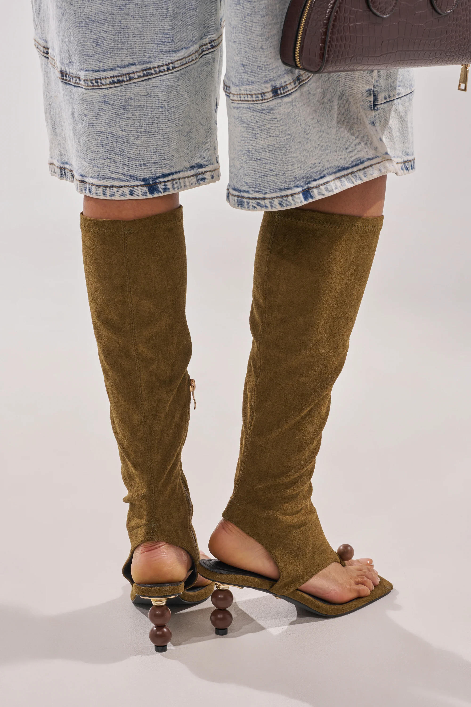AZALEA WANG DOTTIE OLIVE STRETCH FAUX SUEDE BOOT WITH EMBELLISHED HEEL AND TOE HARDWARE - Image 3