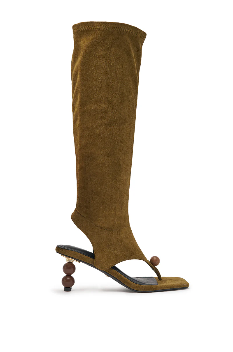 AZALEA WANG DOTTIE OLIVE STRETCH FAUX SUEDE BOOT WITH EMBELLISHED HEEL AND TOE HARDWARE - Image 4