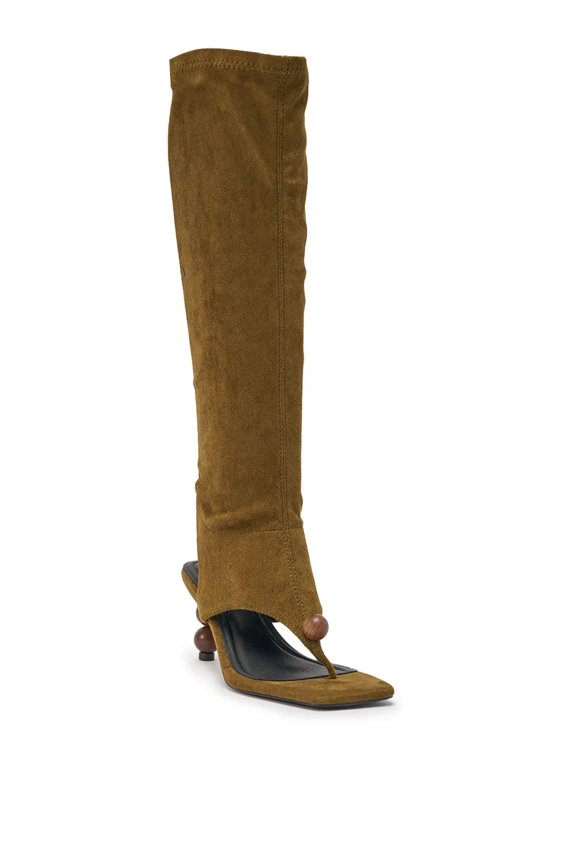 AZALEA WANG DOTTIE OLIVE STRETCH FAUX SUEDE BOOT WITH EMBELLISHED HEEL AND TOE HARDWARE - Image 5
