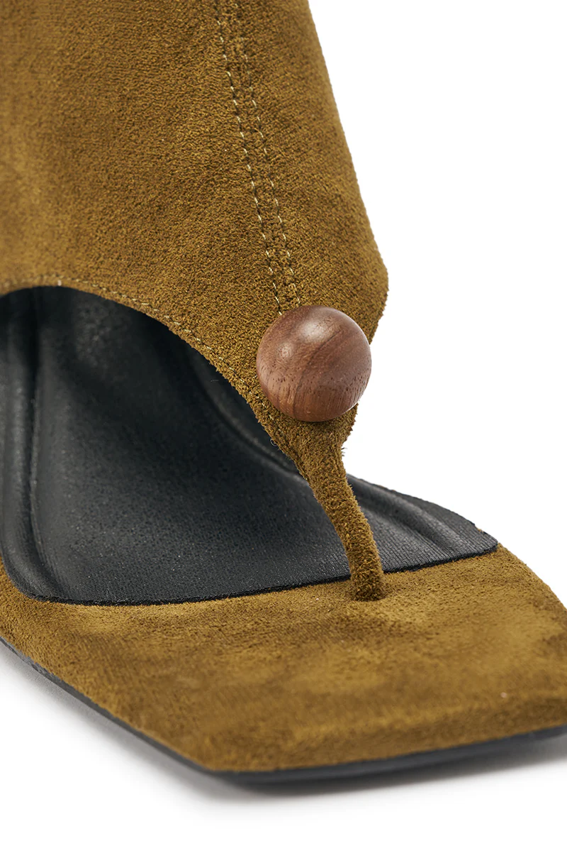 AZALEA WANG DOTTIE OLIVE STRETCH FAUX SUEDE BOOT WITH EMBELLISHED HEEL AND TOE HARDWARE - Image 6