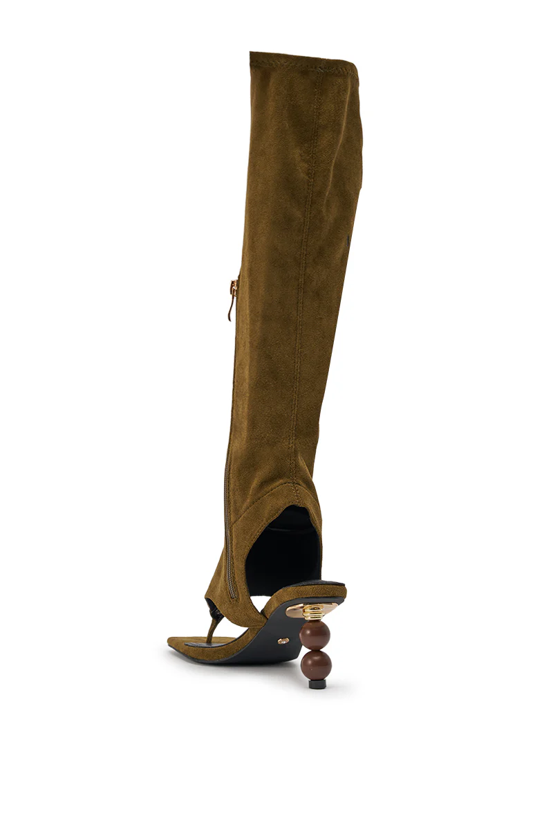 AZALEA WANG DOTTIE OLIVE STRETCH FAUX SUEDE BOOT WITH EMBELLISHED HEEL AND TOE HARDWARE - Image 7