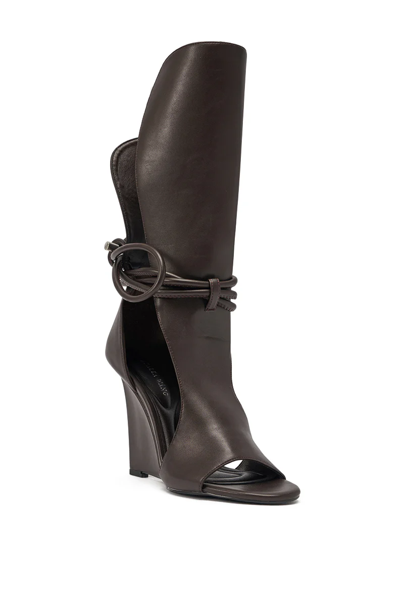 AZALEA WANG DOUMA CHOCOLATE WEDGE LACE UP TALL SHAFT SANDAL - Image 5