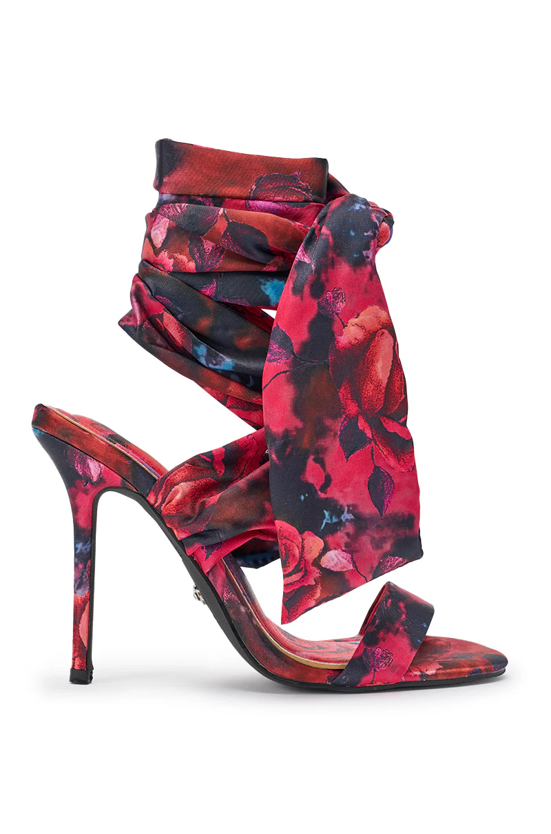 AZALEA WANG ELZON RED SATIN STILETTO FLORAL PRINT SANDAL - Image 6
