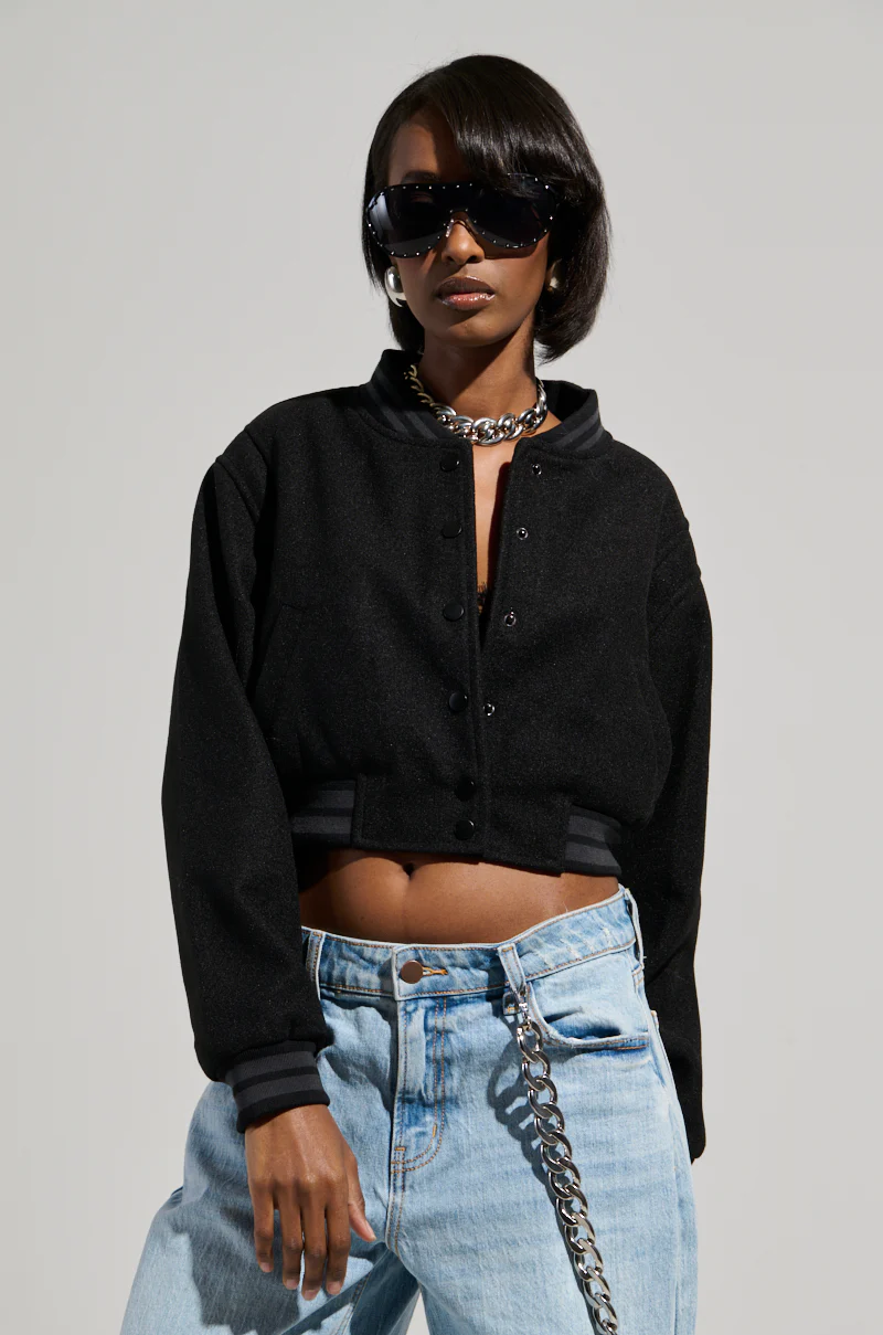 DAVIS EVERYDAY CROPPED VARSITY BOMBER IN BLACK - Image 2