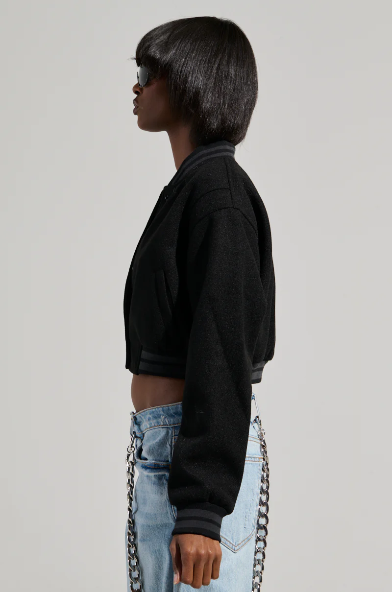 DAVIS EVERYDAY CROPPED VARSITY BOMBER IN BLACK - Image 3