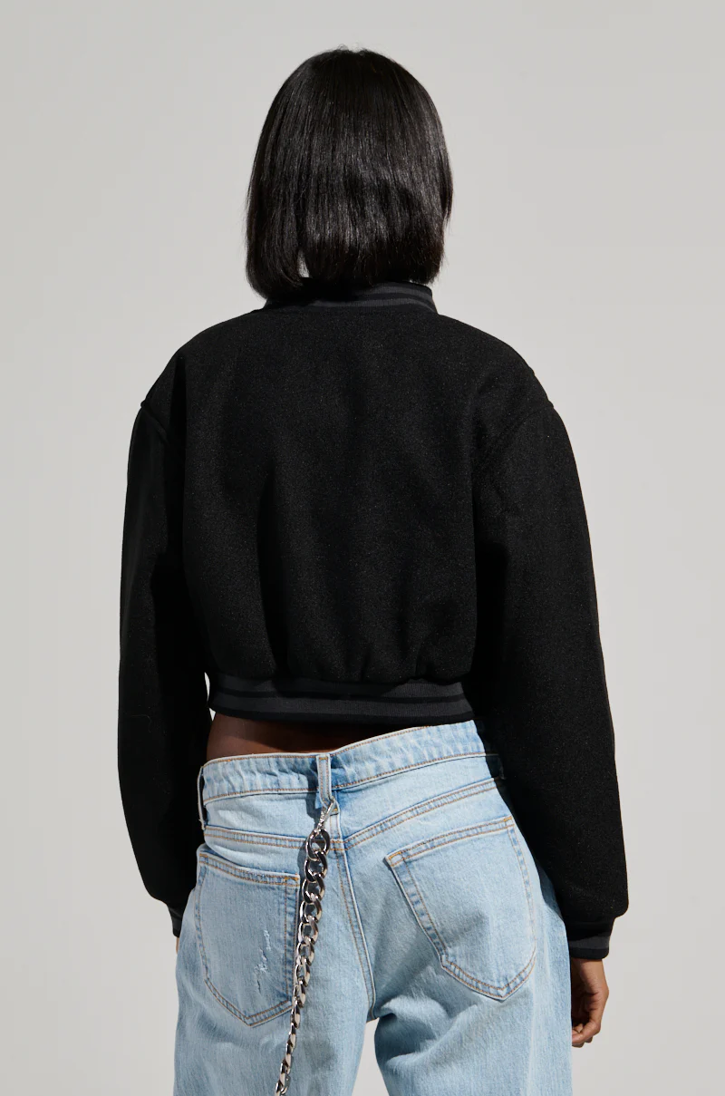DAVIS EVERYDAY CROPPED VARSITY BOMBER IN BLACK - Image 4