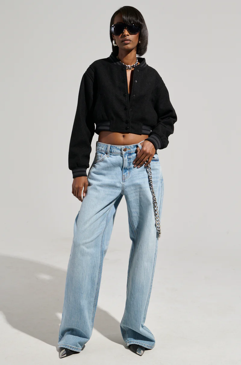 DAVIS EVERYDAY CROPPED VARSITY BOMBER IN BLACK - Image 5