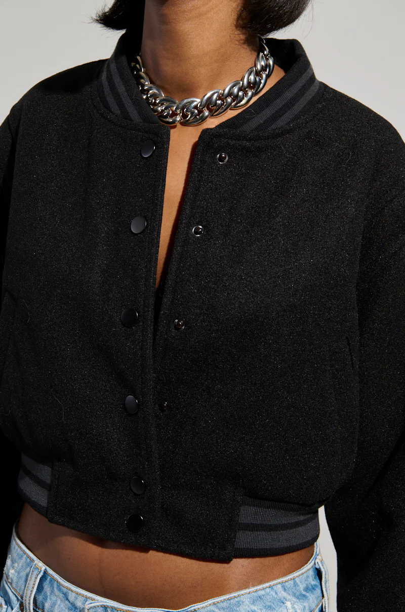 DAVIS EVERYDAY CROPPED VARSITY BOMBER IN BLACK - Image 7