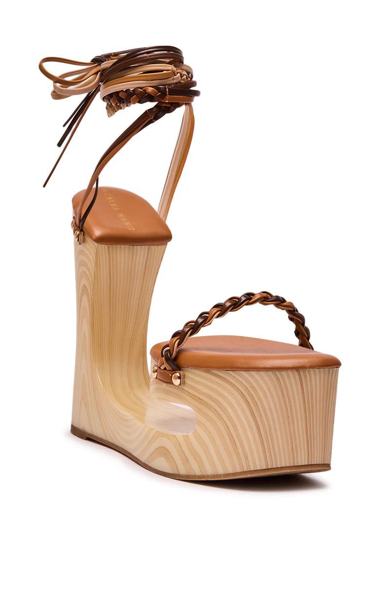 AZALEA WANG FANTASA BROWN HALLOW PLATFORM WEDGE STRAPPY SANDAL - Image 5
