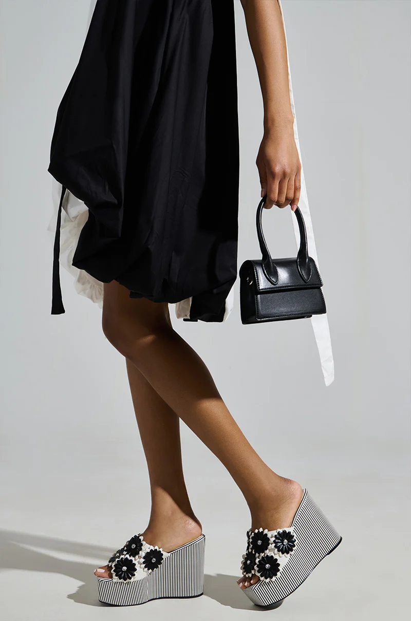 AZALEA WANG FREA WHITE AND BLACK STRIPED FLORAL WEDGE SANDAL - Image 2