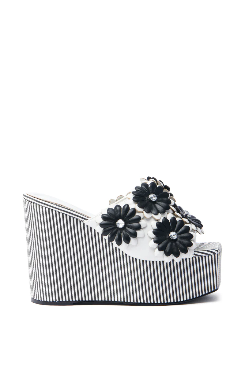 AZALEA WANG FREA WHITE AND BLACK STRIPED FLORAL WEDGE SANDAL - Image 3