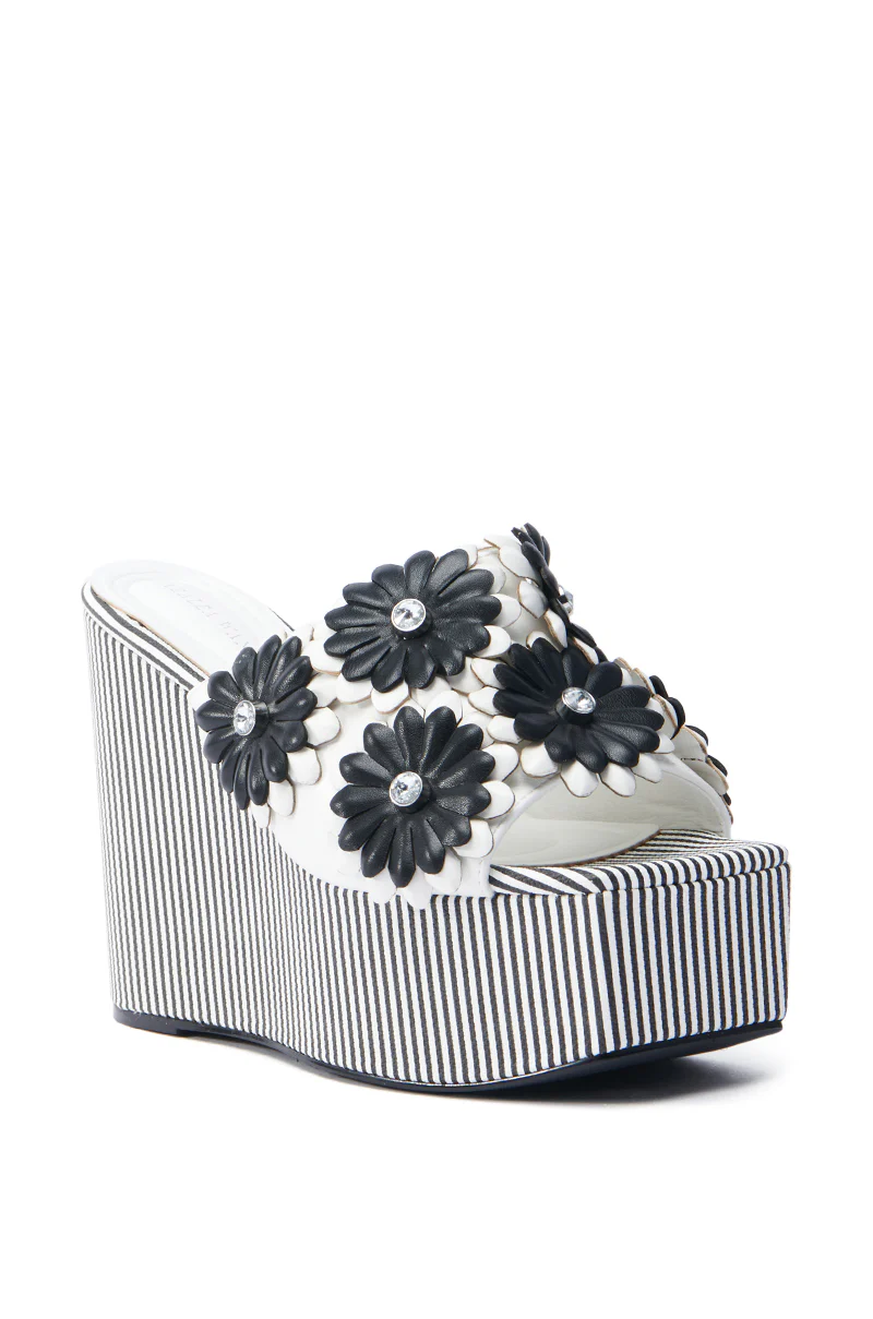 AZALEA WANG FREA WHITE AND BLACK STRIPED FLORAL WEDGE SANDAL - Image 4