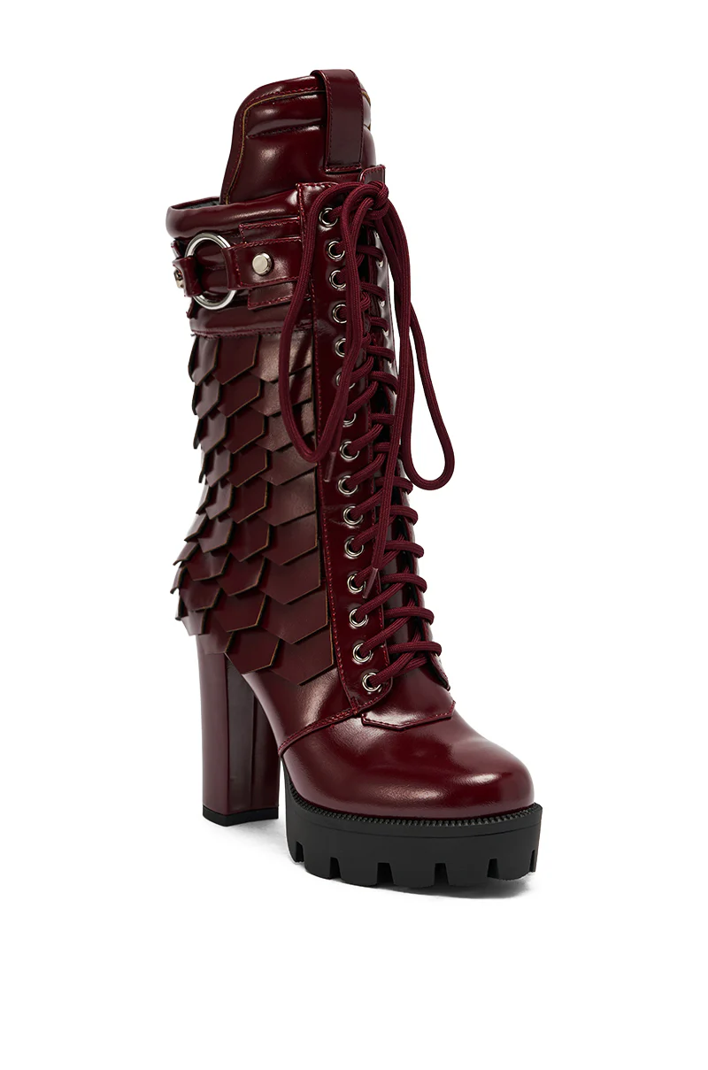 AZALEA WANG GERNOT BURGUNDY LACE UP SCALED PLATFORM BOOTIE - Image 5