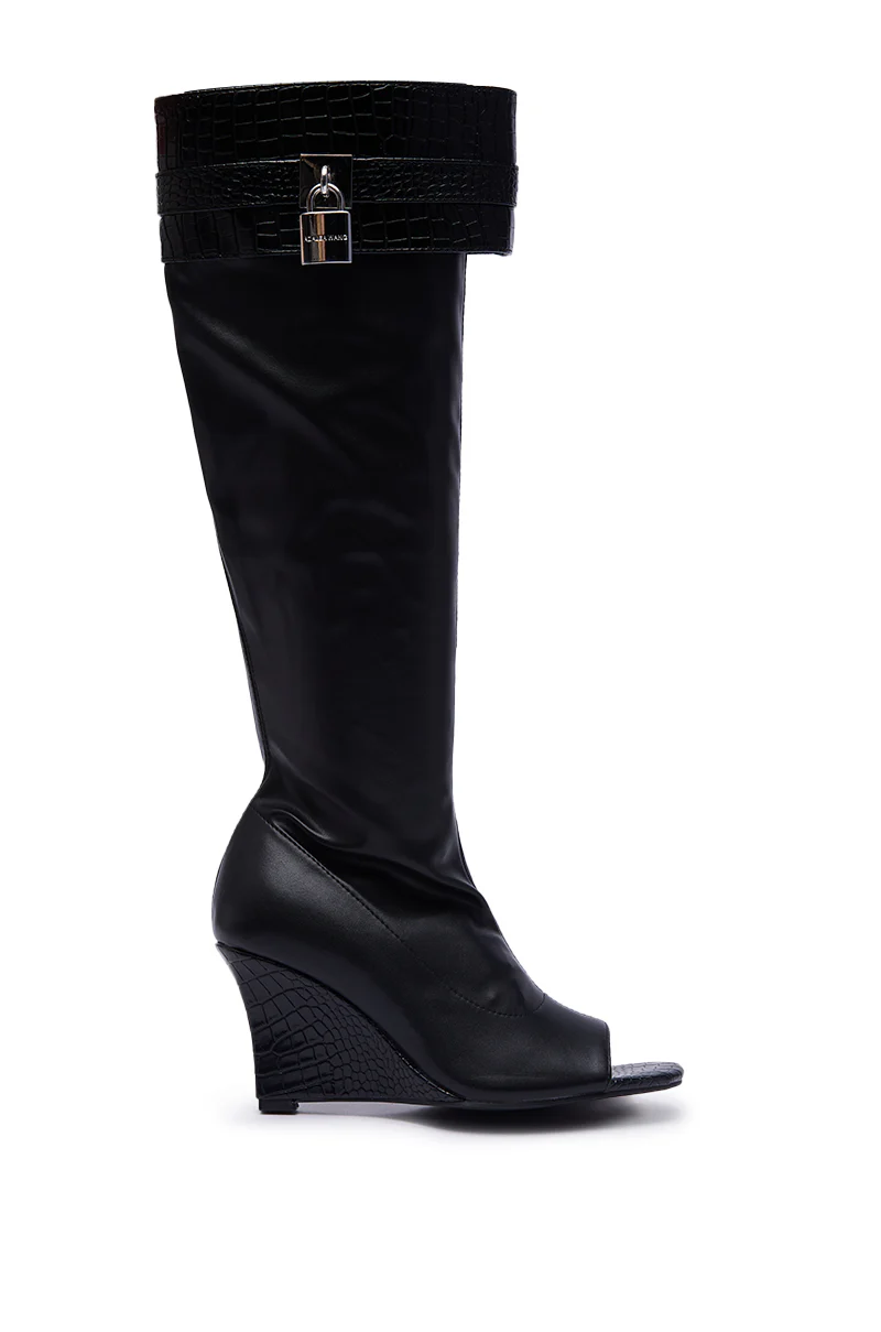 AZALEA WANG GLENNA BLACK STRETCH PU WEDGE BOOT - Image 5