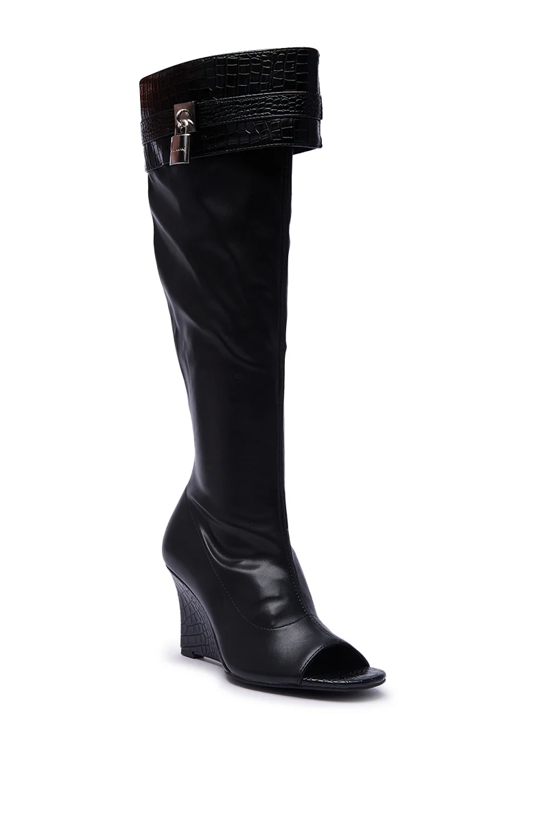 AZALEA WANG GLENNA BLACK STRETCH PU WEDGE BOOT - Image 6