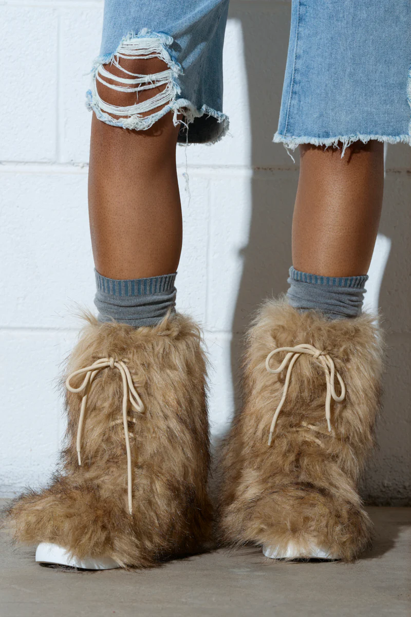 AZALEA WANG HAYES BROWN FUR LACE UP FLAT BOOTIE - Image 3