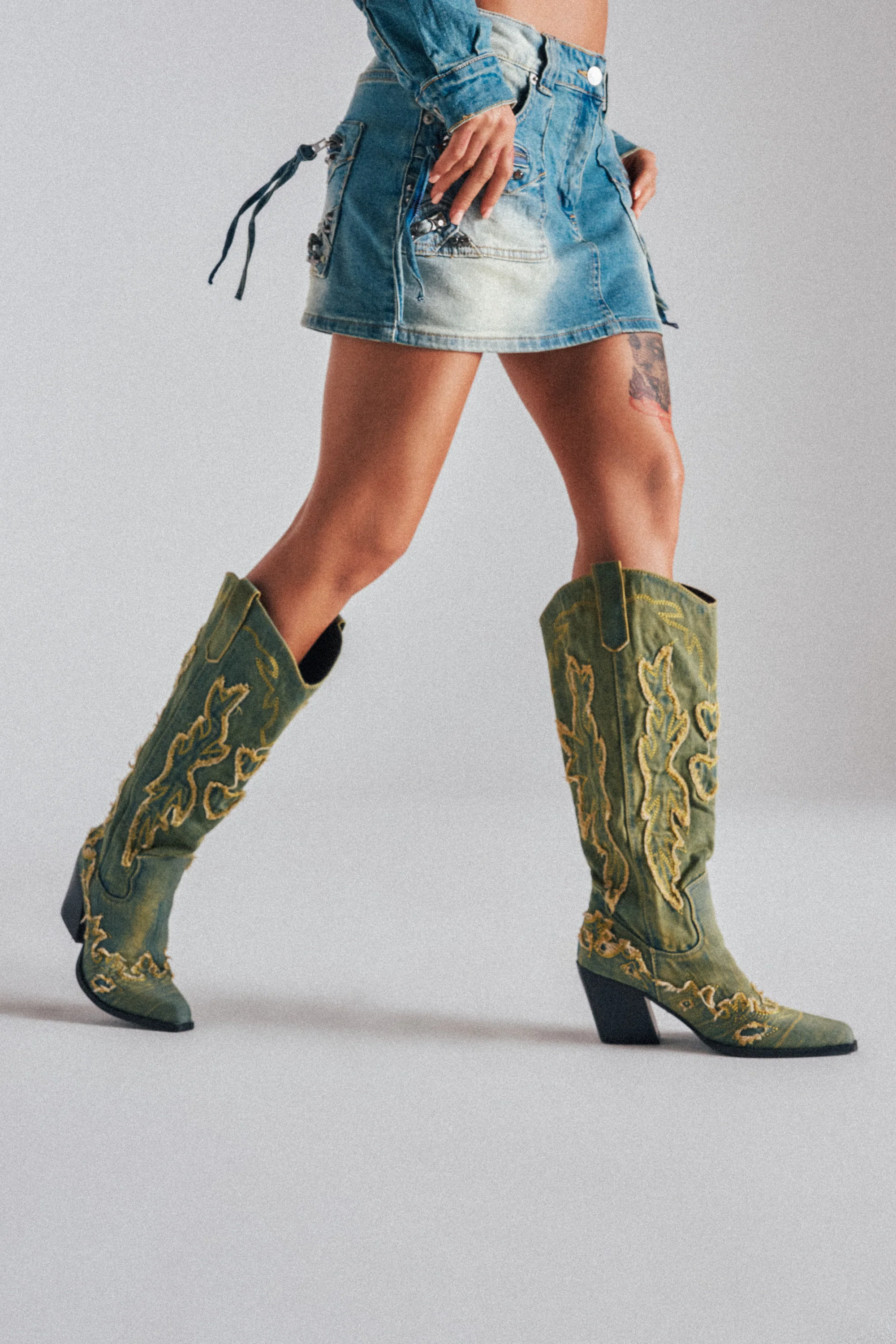AZALEA WANG HEINRICH DENIM WESTERN LOW HEEL BOOT - Image 2