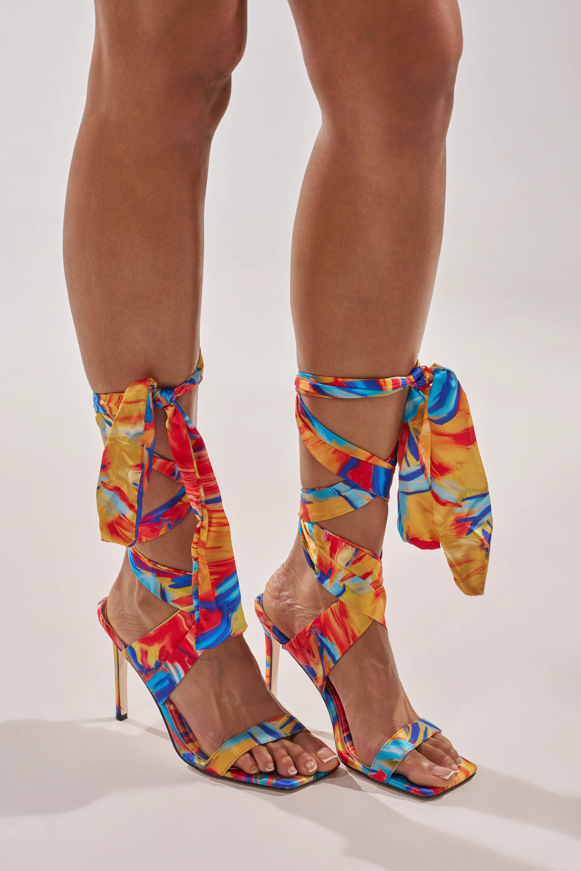 AZALEA WANG JOHA ORANGE MULTI PRINTED SATIN WRAP UP STILETTO - Image 3