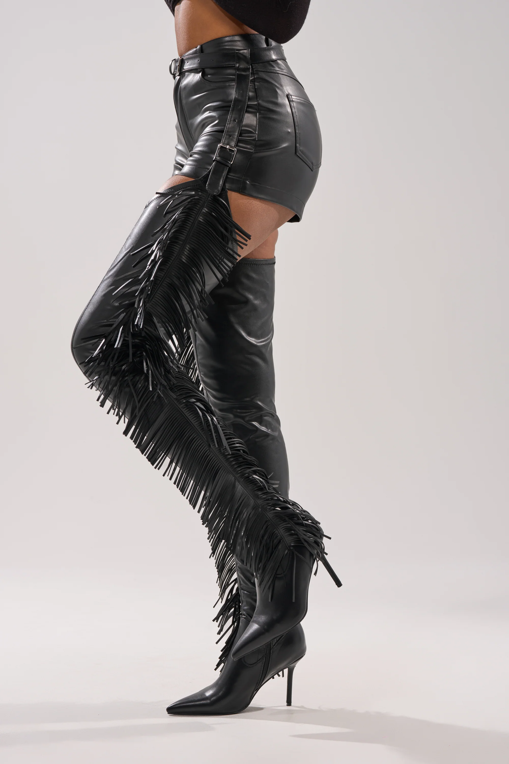 AZALEA WANG KATRICE BLACK STILETTO WESTERN FRINGE CHAP BOOT - Image 4
