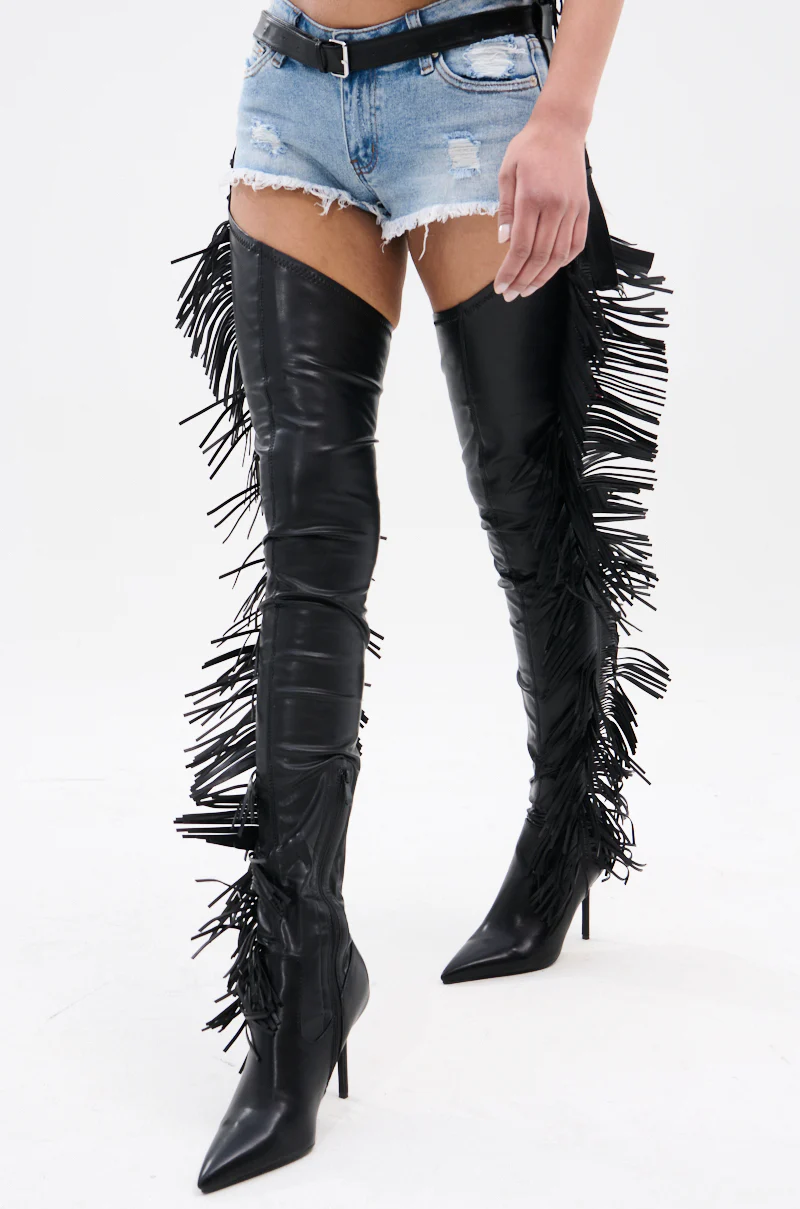 AZALEA WANG KATRICE BLACK STILETTO WESTERN FRINGE CHAP BOOT - Image 6