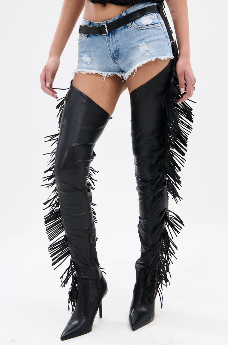 AZALEA WANG KATRICE BLACK STILETTO WESTERN FRINGE CHAP BOOT - Image 7
