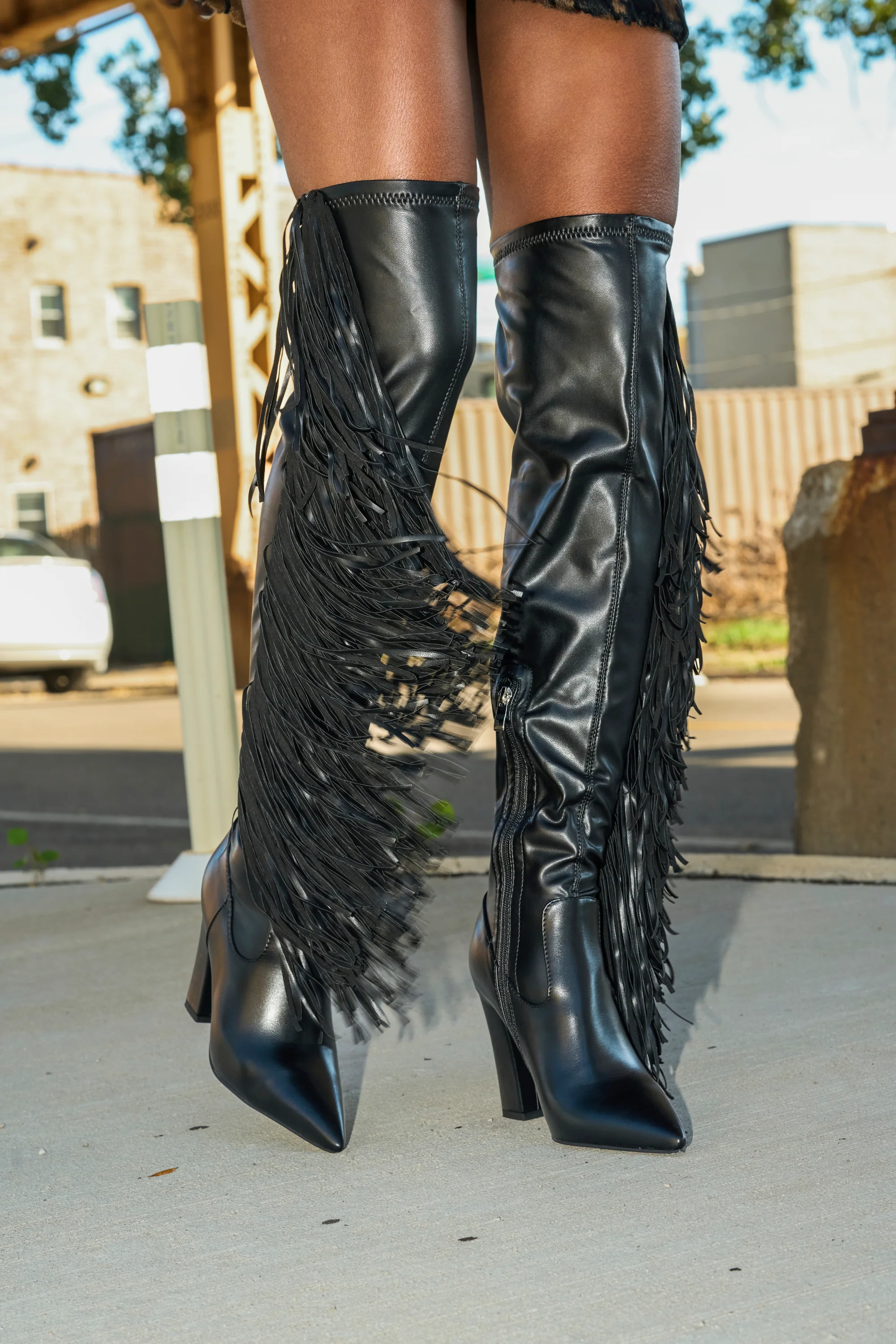 AZALEA WANG KATRICIA BLACK FRINGE CHUNKY BOOT - Image 8