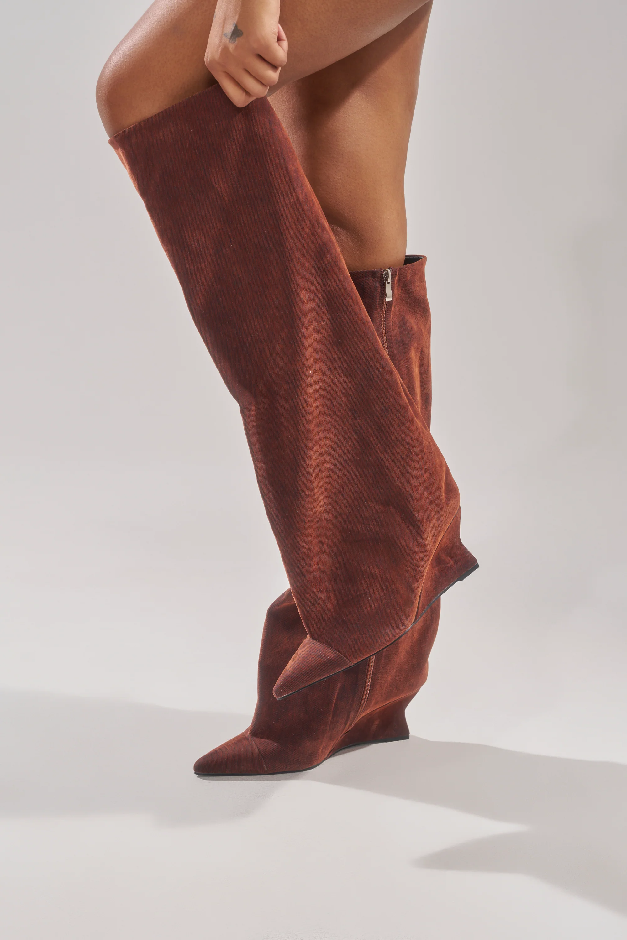 AZALEA WANG KENYA BURNT ORANGE VELVET KNEE HIGH WEDGE BOOT - Image 2