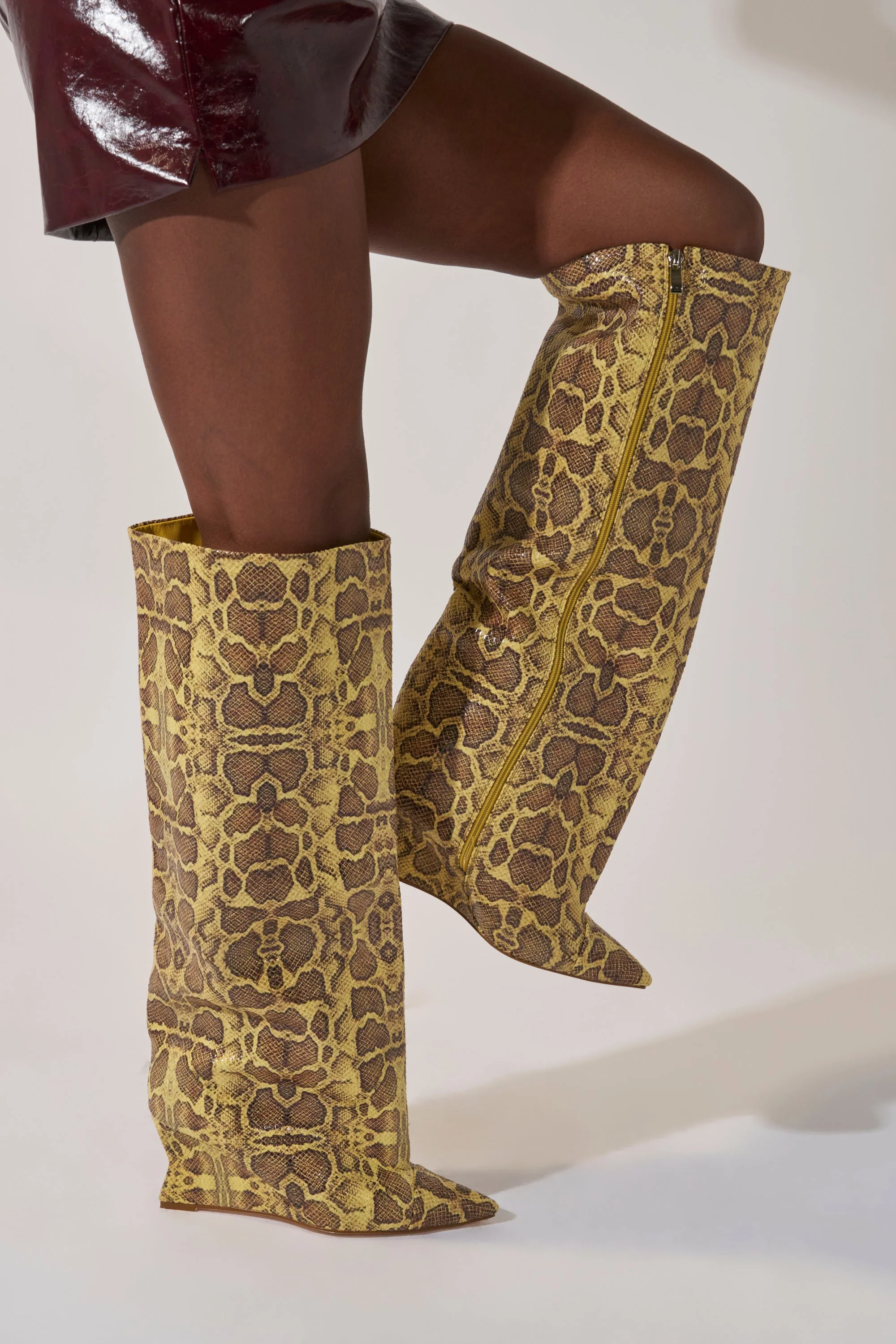 AZALEA WANG KENYA YELLOW SNAKE PRINT KNEE HIGH WEDGE BOOT - Image 2